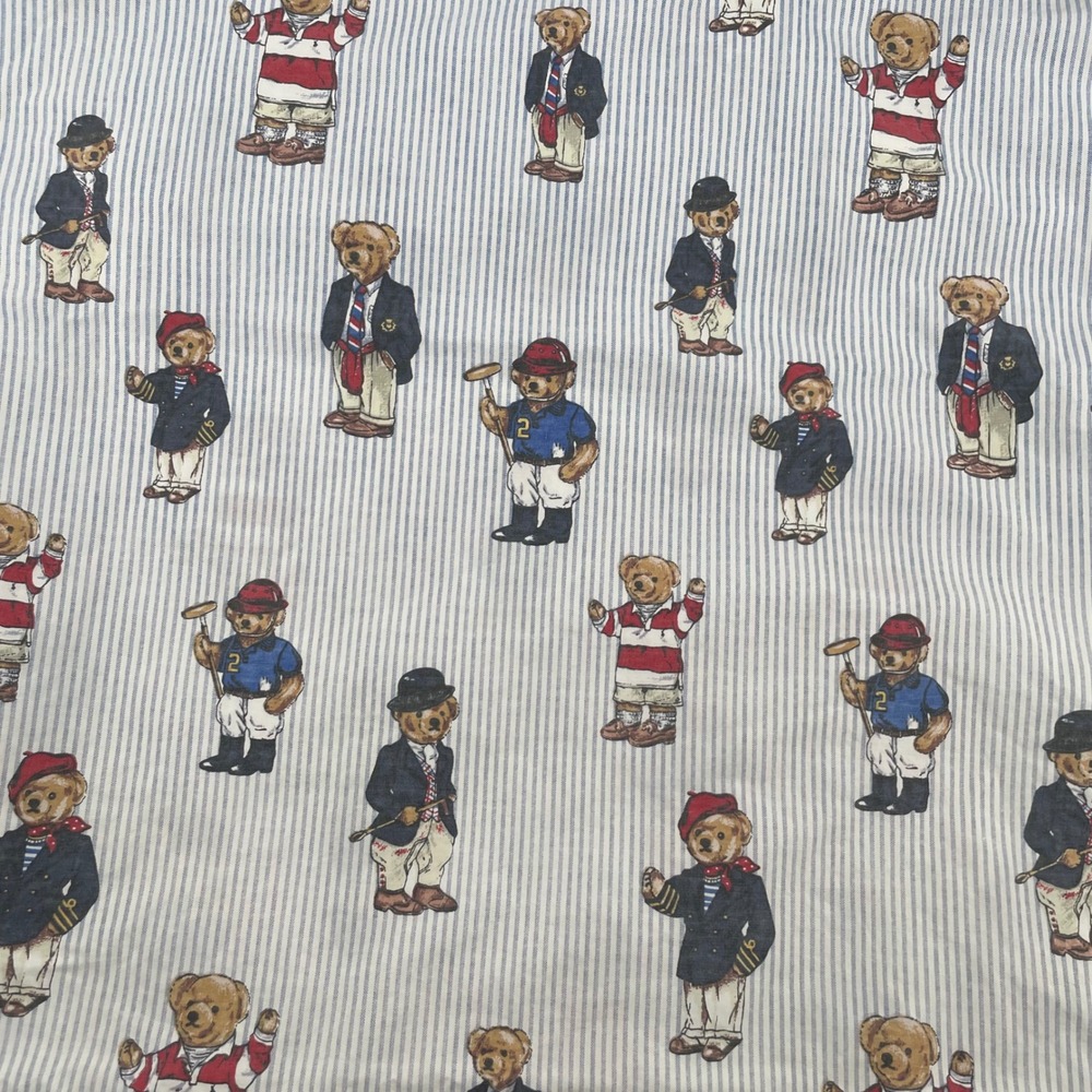 Ralph Lauren Fitted Sheet Twin Blue Stripe Polo Bear Vintage Cotton USA Bedding